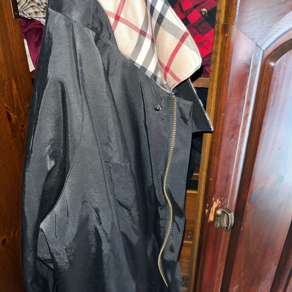Burberry Black Rain Jacket with Plaid Collar, and lining. Brand new!